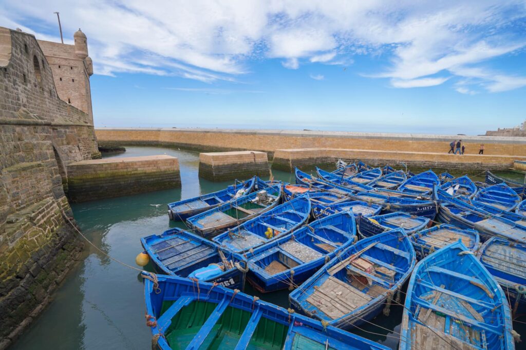 Blue boats in Essaouira Morocco. 